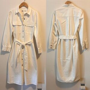 ZARA M Women’s Cotton Linen Blend Elegant Cream Button-Down Denim Belted Dress
